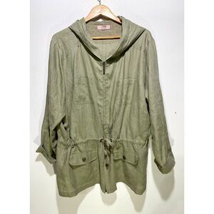 Saint Tropez West linen hooded jacket muted military green zip lagenlook women3X